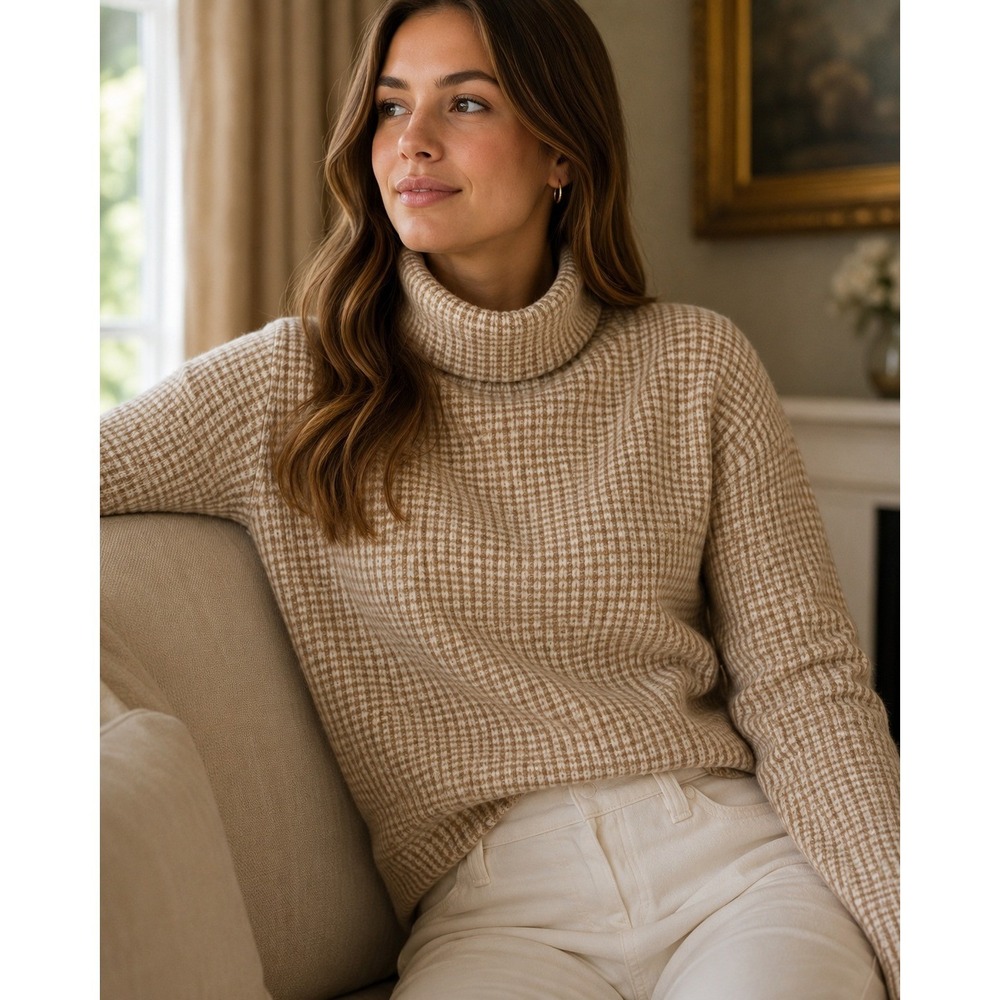 J.Crew Sweater Womens Large Tan Houndstooth Funnelneck Dark Academia Preppy